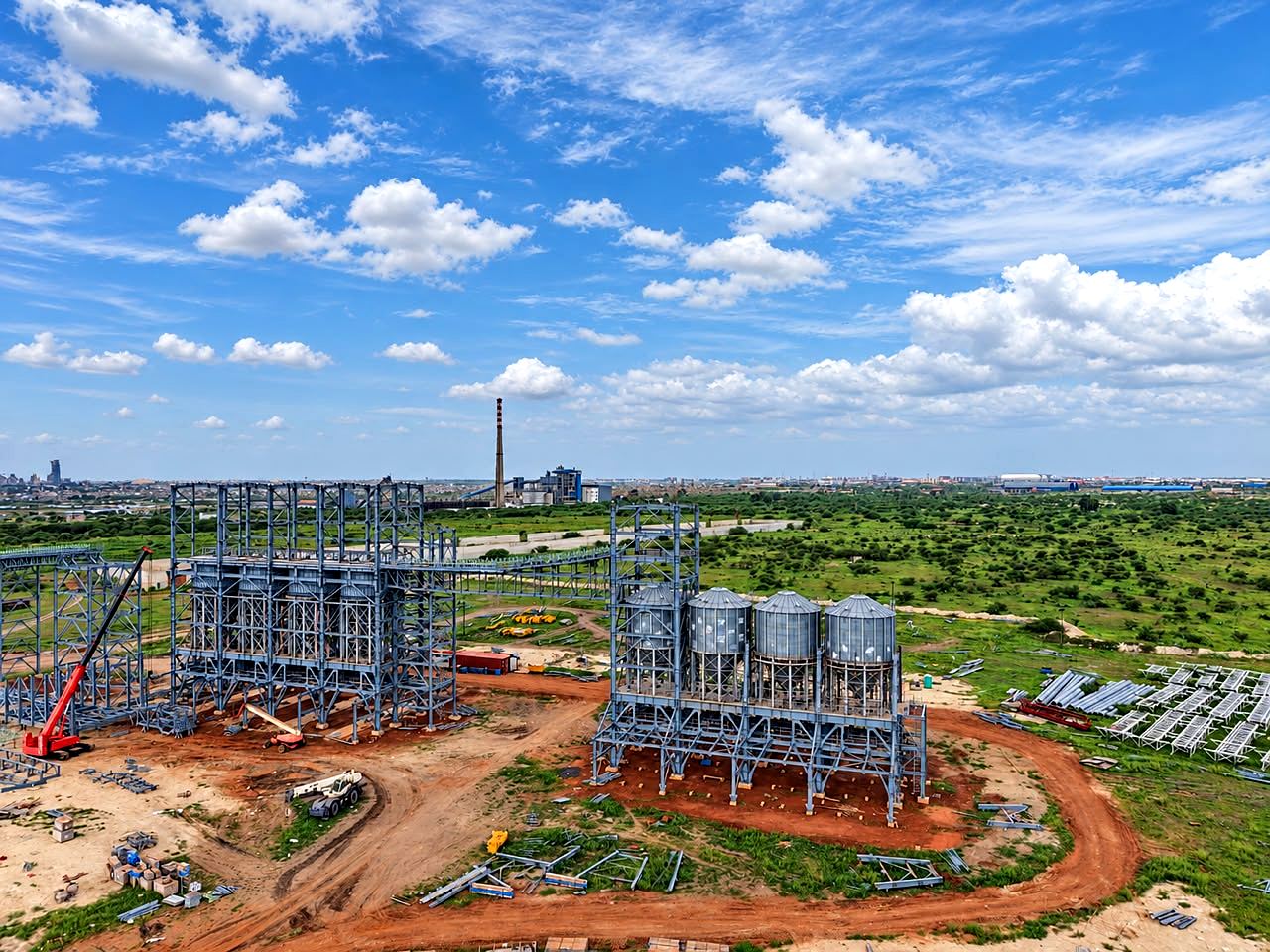 Silos en place sur leur structure métallique