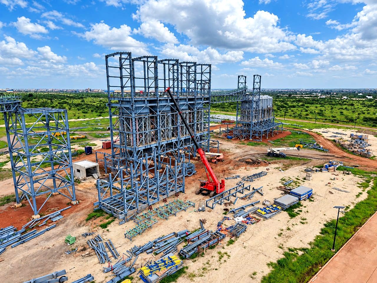 Charpente des silos en cours de montage